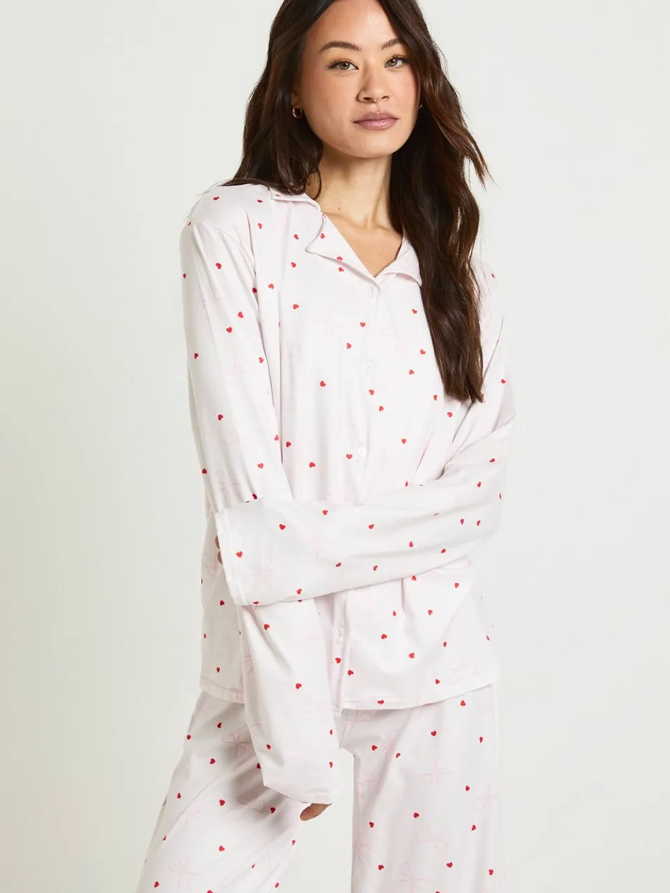 boohoo Dames Tall Bow & Hartprint Lange Mouw Top & Broek Pyjama Set lichtroze, foto 4