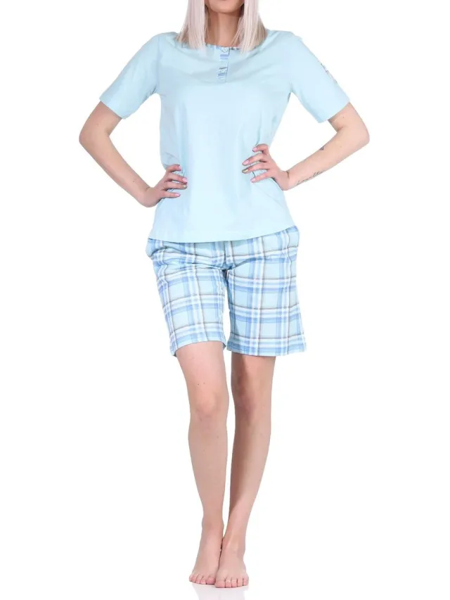 Normann Edele dames shorty pyjama met korte mouwen en geruite broek van jersey - ook in overmaten helltürkis