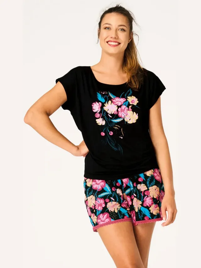 Key Bamboe Dames Shortama Pyjama Zomer Bloemenprint Zwart Roze LNS 560 36 /