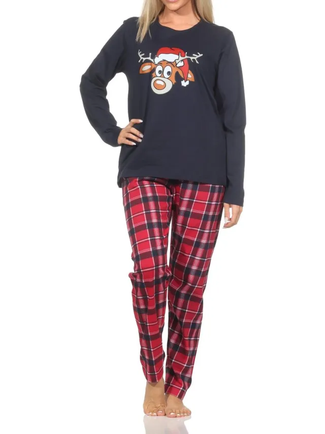 Normann Kerstpyjama met lange mouwen voor dames met grappig rendiermotief navy