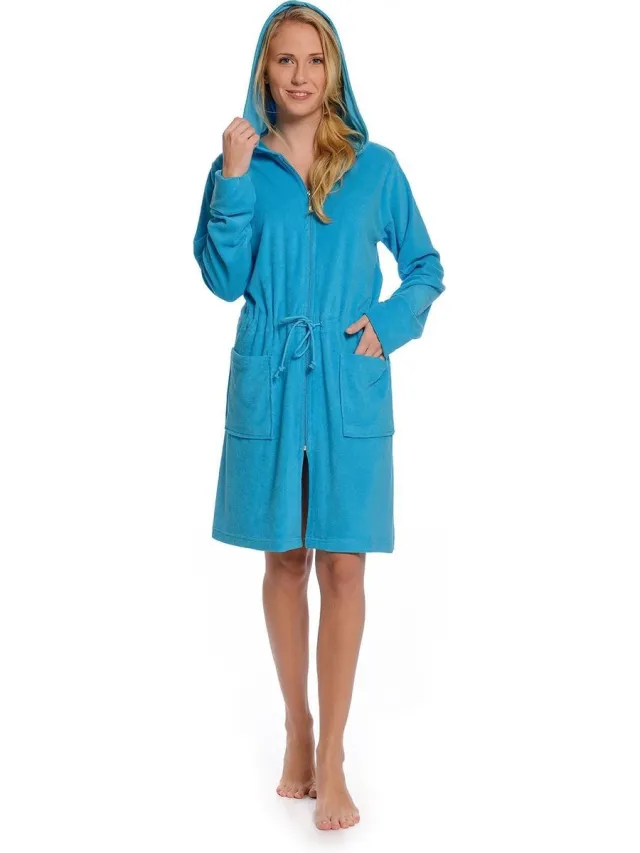 WeWo fashion Rits badjas dames kort – Zomer badjas met capuchon – lichtgewicht – dun – sauna - dames badjas met ritssluiting - aquablauw Turqoise