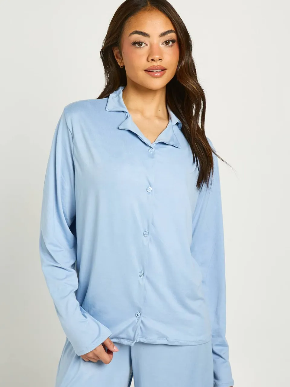 boohoo Dames Zachte Jersey Pyjama Set Met Shirt Met Lange Mouwen & Broek babyblauw, foto 3