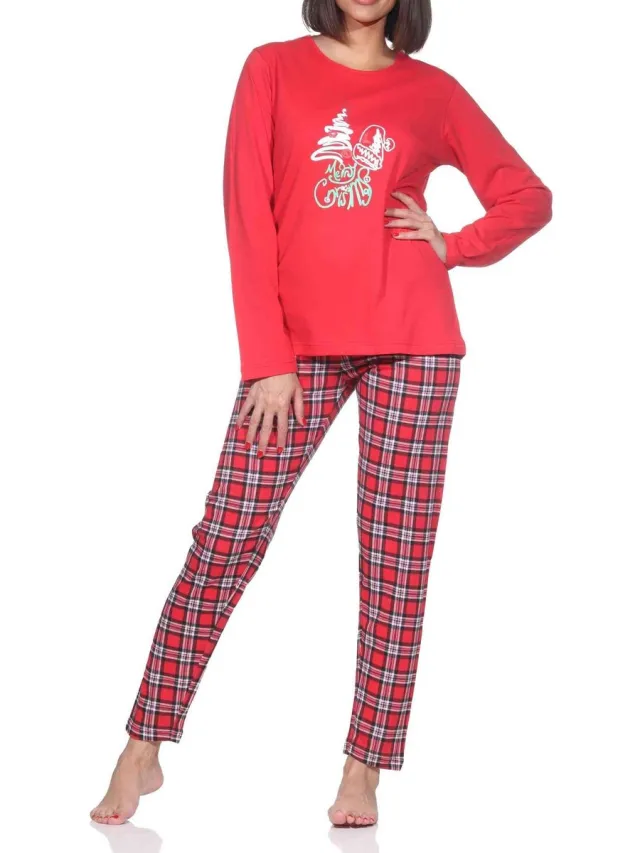 Normann dames kerstpyjama met lange mouwen en kerstmotief rot