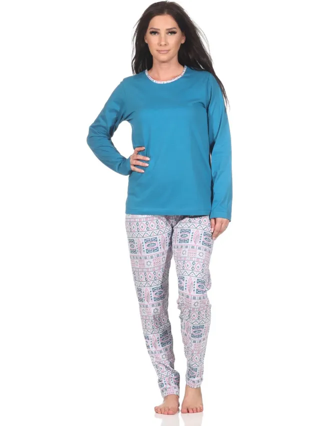 Normann damespyjama met lange mouwen in een prachtige etnische look blau