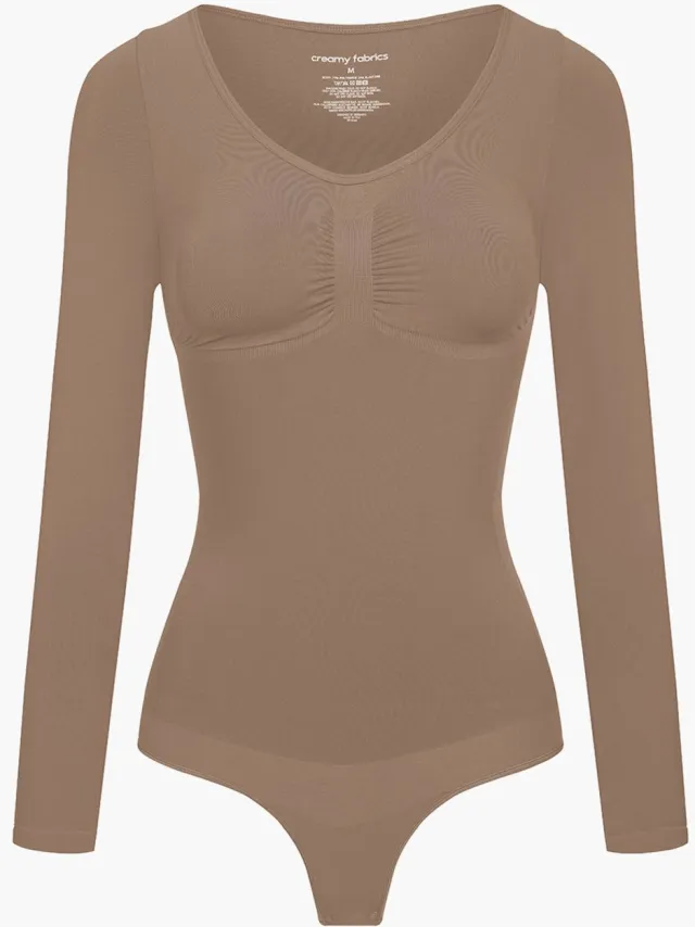 cfab Bodysuit met corrigerende werking, lange mouwen en koord - Caramel