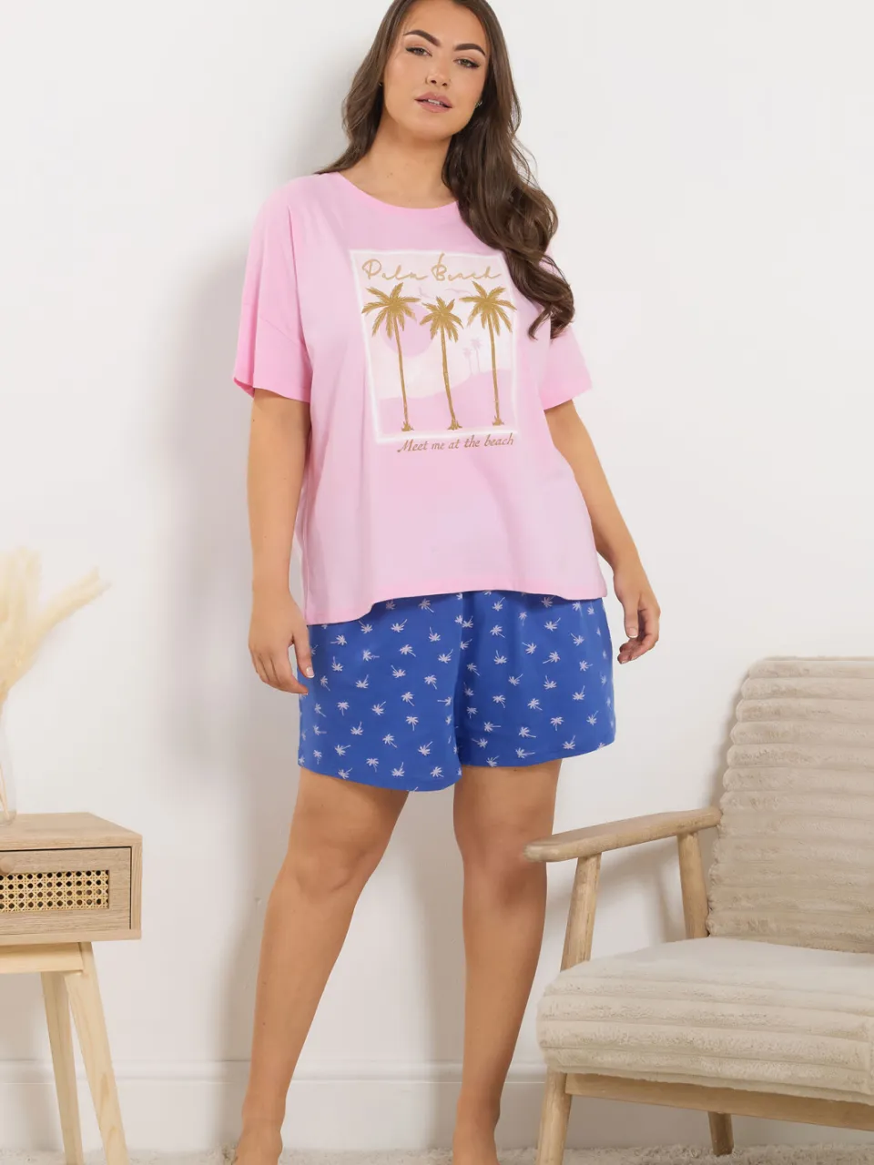 Yours Blauwe Pyjamashorts Met Palmboomprint-48, foto 2