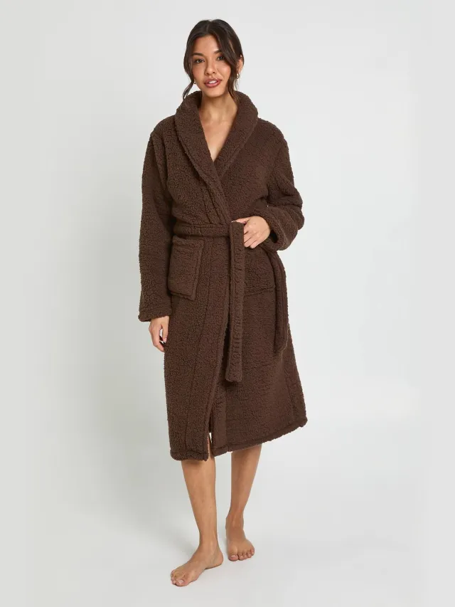 boohoo Dames Sherpa Fleece Lange Badjas Chocoladebruin