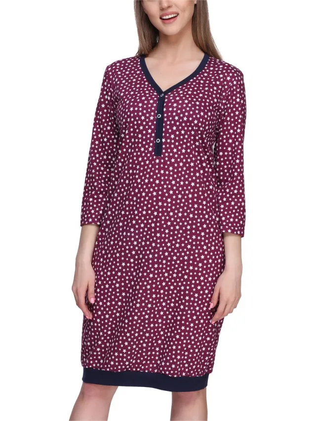 Merry Style Dames Nachtjapon - Kort - Elastisch – Katoen – Wijnrood/sterren – M - MS-MS10-467-ND