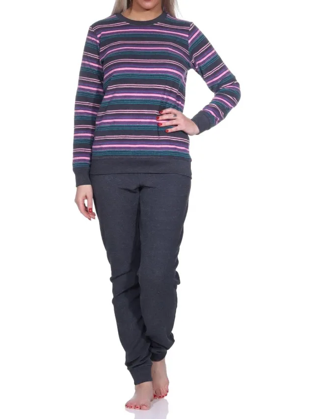 Normann Dames Knuffel Badstof Pyjama met Manchetten - Streepjes Optiek - Ook in Overmaten anthrazit-melange