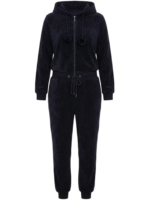 Ulla Popken Dames - Homewear overall pluche stippen capuchon lange mouwen - Zwart - Maat 42+