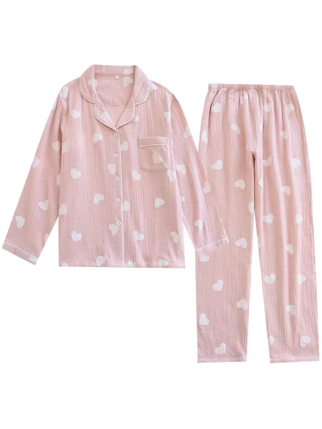 Mylinsé Dames Pyjama Set Lange Mouwen & Lange Broek - Roze met Hartjes - Maat S/M – Hydrofiel Katoen – Luchtig - Nachtkleding