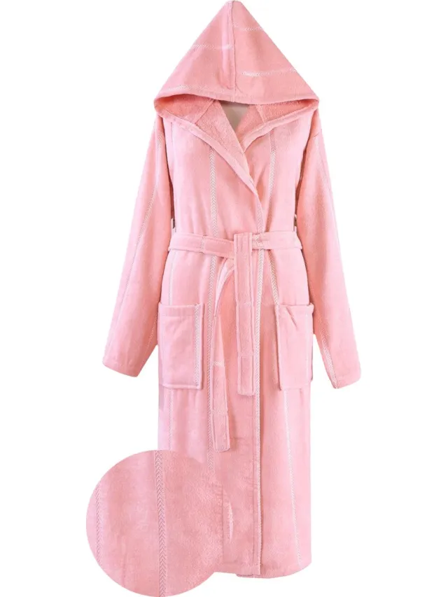 Lubna Home Luxe Badjas LARGE-MET CAPUCHON VAN ZACHTE VELOURSBADSTOF - LARGE-POEDER ROZE