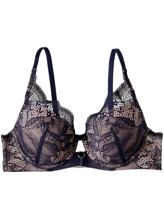 ESOTIQ Tarot - Push-upbeha - Beige - Marineblauwe bloemenkant Beige;Marineblauw;Goud
