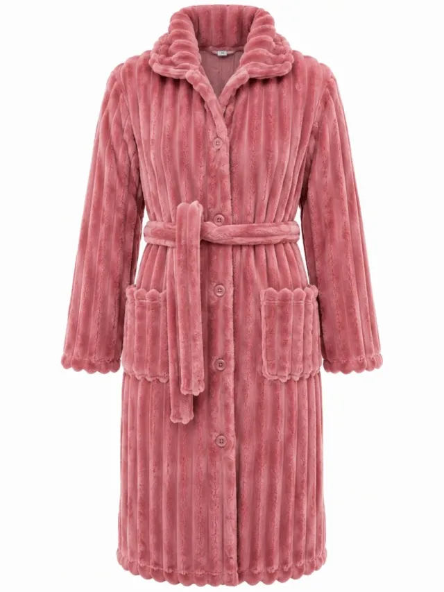 Cocodream Collections Badjas dames fleece - ochtendjas dames met knopen en ceintuur - zacht en warm - roze