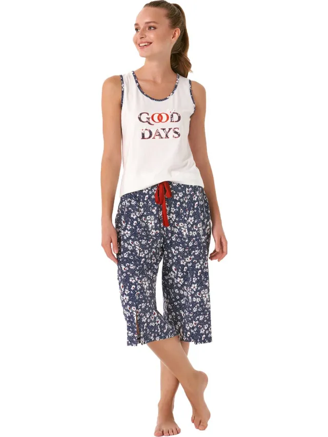 Feyza Dames Capri Pyjama Set Donkerblauw