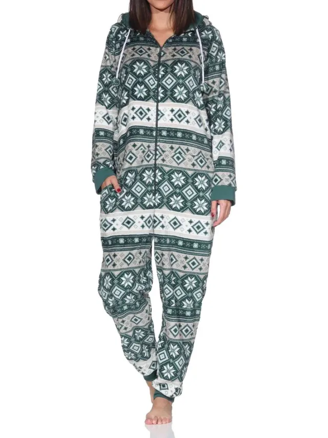 Normann Damespyjama-jumpsuit in Noorse stijl, gemaakt van heerlijk warme koraalfleece. grün