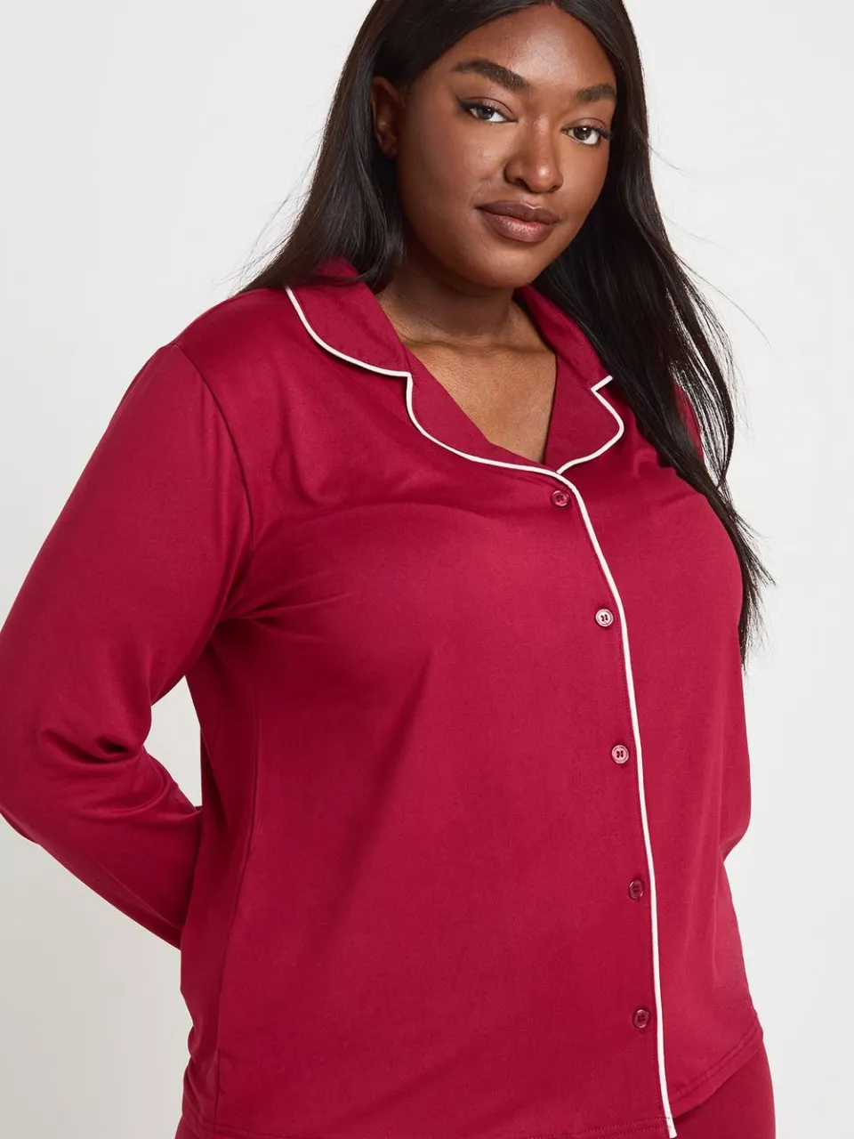 boohoo Dames Plus Pyjama Set Met Paspeldetail, Shirt Met Lange Mouwen & Broek bordeaux rood, foto 3