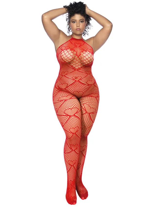 Mapalé Hart Visnet Bodystocking met Strass Detail - Koning Maat - Rood