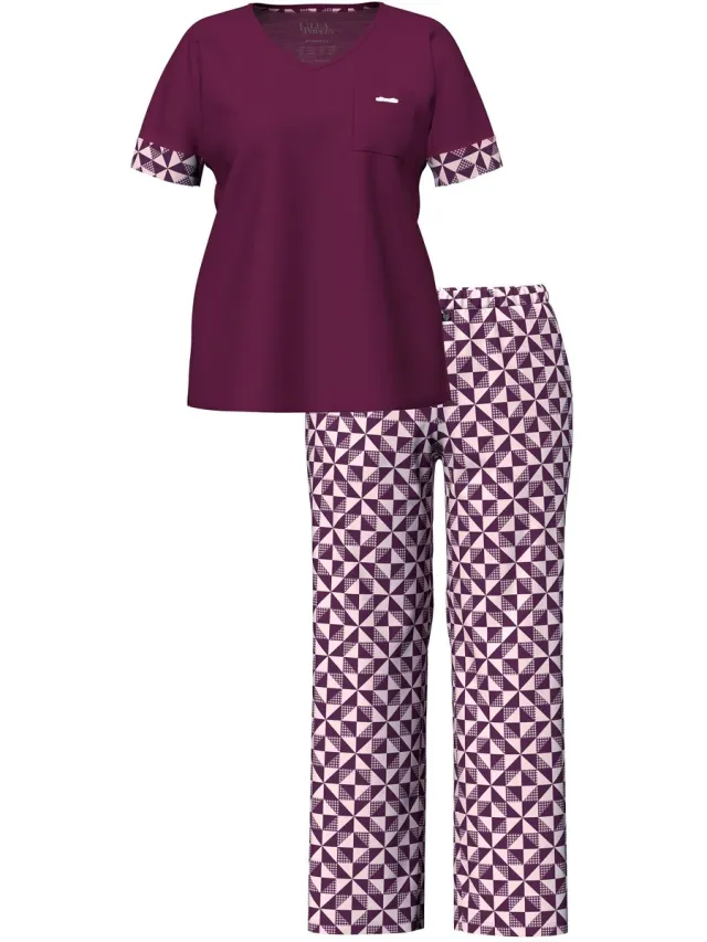 Ulla Popken Dames - Pyjama ruitjespatroon V-hals korte mouw - Donker bes - Maat 66+
