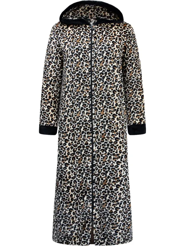 GAUBERT Extra Lange Dames Rits Badjas met Capuchon en Zijzakken - Ochtendjas - Superzacht Coral Fleece - Panterprint Beige - 8205-Beige Rits, Panterprint, Beige