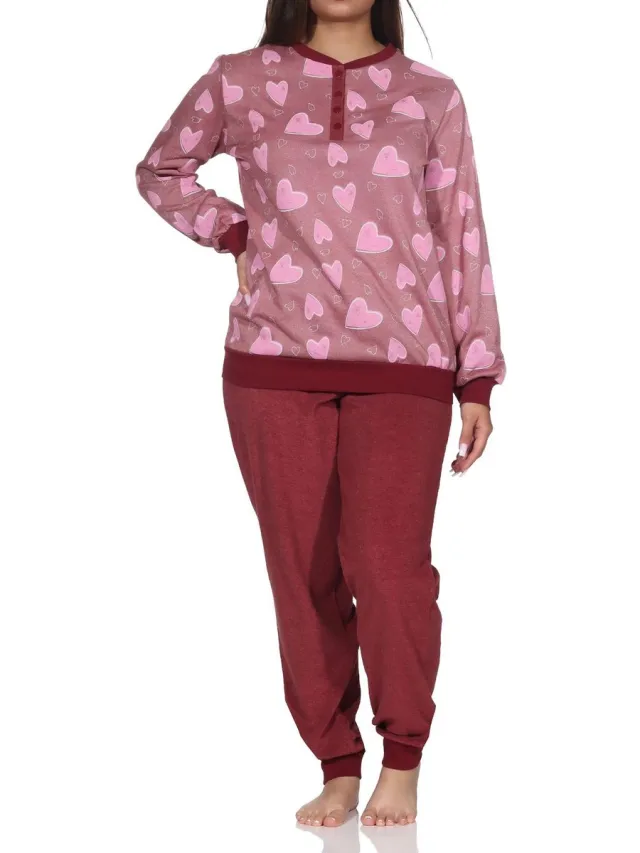 Normann dames badstof pyjama lange mouw met manchetten in hartjeslook - ook in oversize beere