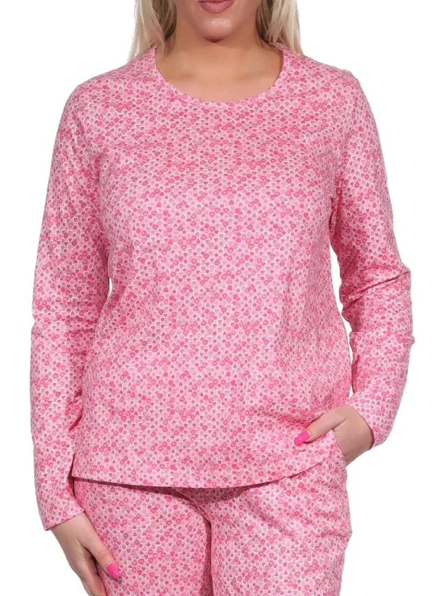 Normann Damespyjamashirt lange mouwen pyjamatop mix & match in hartvormige stippenlook - 122 904 rosa