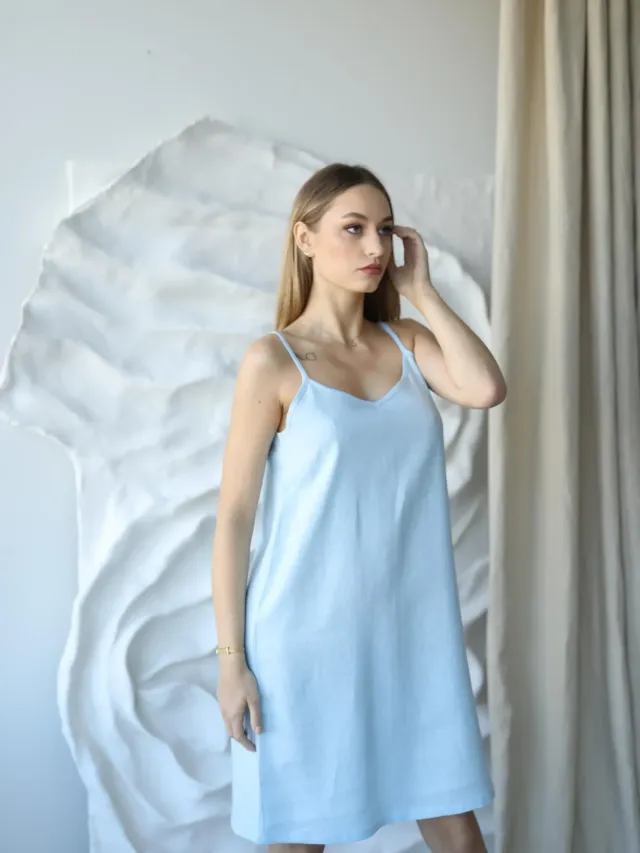 Amber Linen dames vegan Nachthemd Lisa Hemelsblauw Lichtblauw