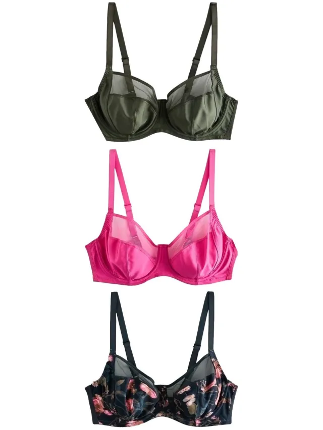 Next Dames - Set van 3 DD+ beha's zonder vulling met volledige cups en ondersteuning aan zijkant - Zwart Black Floral/Pink/Green