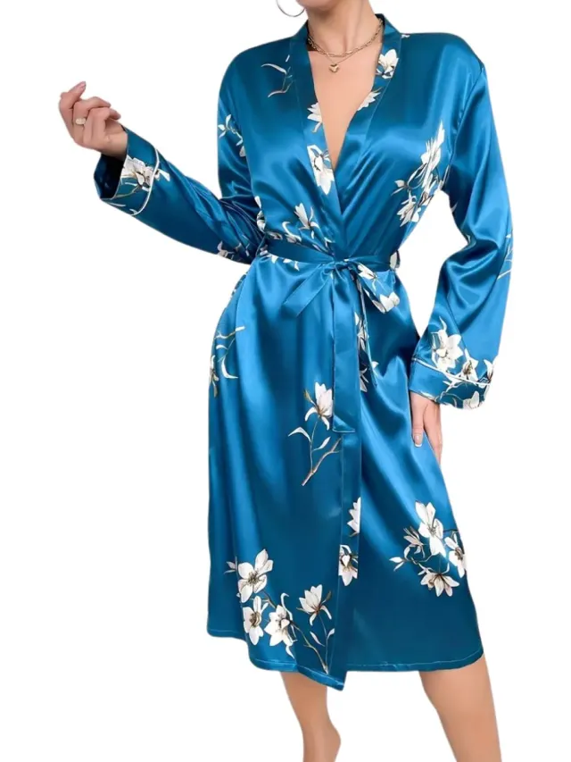 Nivard Satijnen Badjas Dames - Kimono - Kamerjas - Satijn - Ochtendjas - Pyjama Blauw