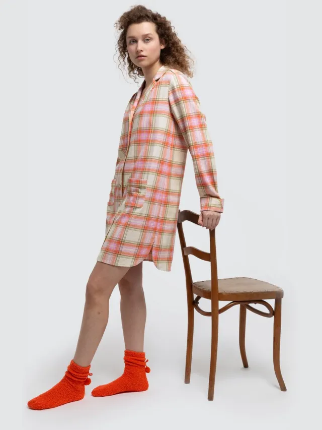 Lords & Lilies slaapkleed doorknoop dames - ecru/roze/kaki geruit - 242-50-XDC-W/992 Multicolor