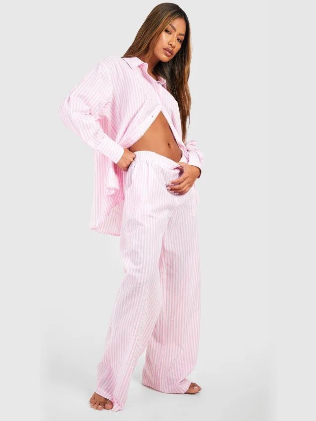 boohoo Dames Katoenen pyjama broek met fijne streepjes Roze