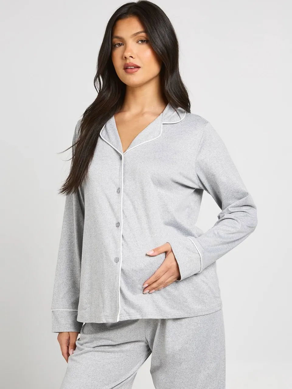 boohoo Dames Zwangerschapspyjama Met Pijpdetail, Shirt Met Lange Mouwen En Broek grijze mergel, foto 4