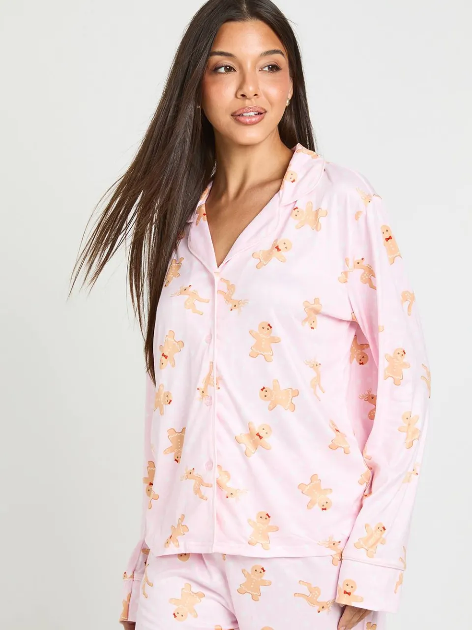 boohoo Dames Kerst Peperkoek Print Pyjama Set Met Paspeldetail Lange Mouwen & Broek baby roze, foto 4