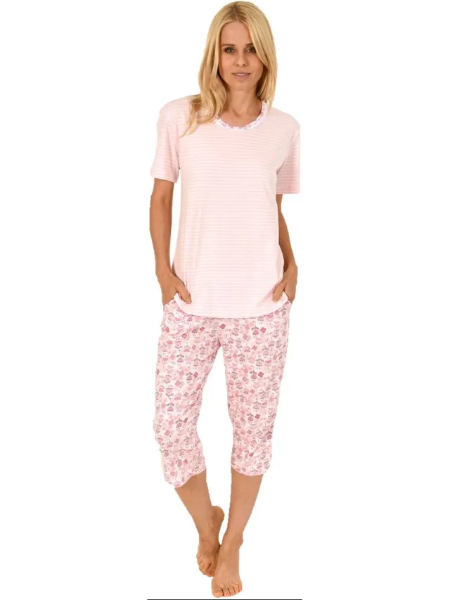 Normann Elegante dames capri pyjama korte mouw met kanten randje - ook in oversize hellblau
