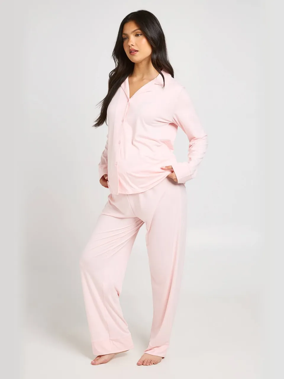 boohoo Dames Zwangerschaps Pyjama Set Van Zacht Katoen Met Knoopsluiting Shirt En Broek lichtroze, foto 3
