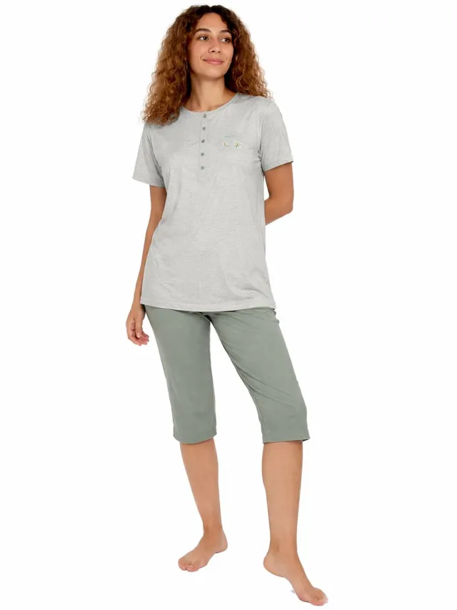 Cocodream Quality Dames Pyjama - Katoen - Zomer - 3/4 broek - Groen Gemêleerd Groen, gemêleerd