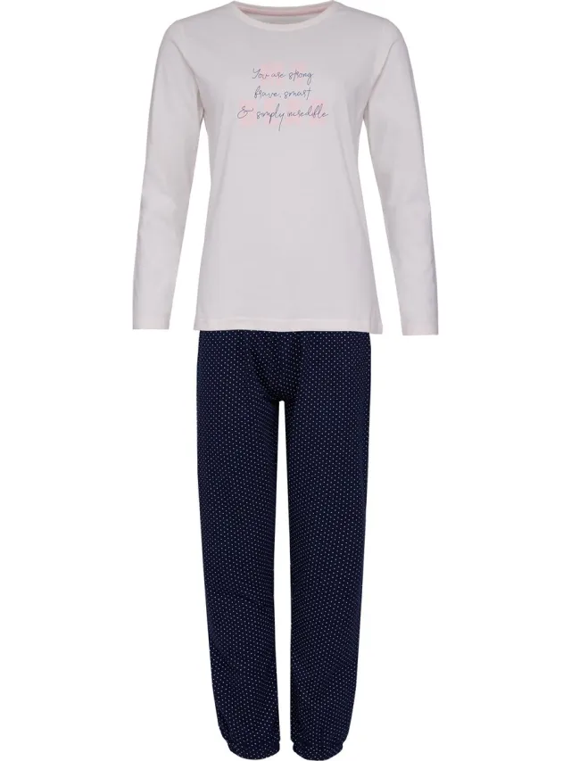 By Louise Dames Pyjama Set Lang Katoen Roze / Donkerblauw Gestipt