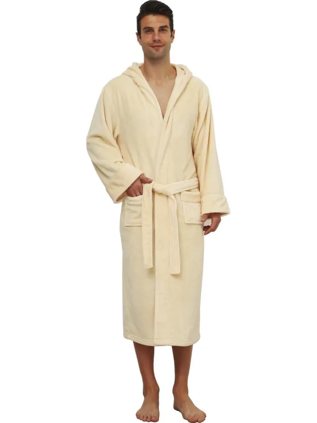 Lumaland Badjas van microfiber - met capuchon - unisex - verkrijgbaar in verschillende kleuren en maten - Crème