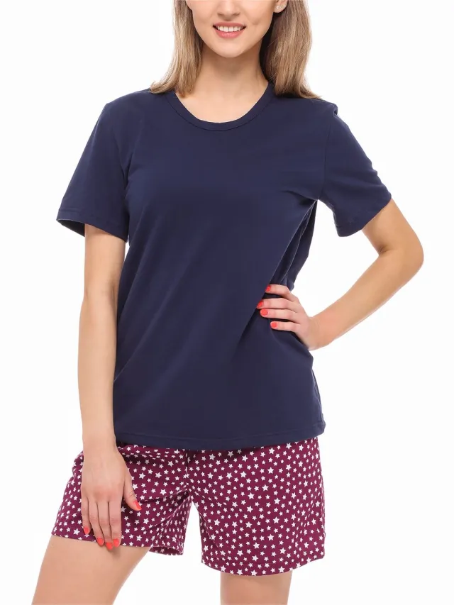 Merry Style MS-MS10-177-PJ Dames Pyjama - ronde hals - korte mouwen - korte broek zonder zakken - Katoen - Amarant/Grijs Marineblauw/wijnrood/sterren