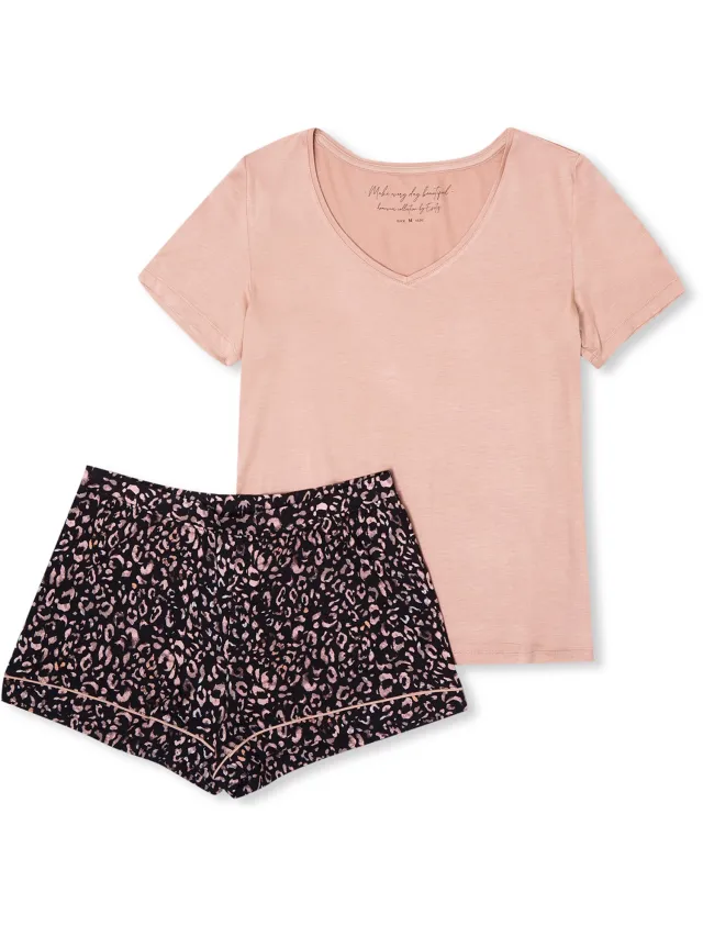 ESOTIQ Marietta - Pyjamaset - Dierenprint - Roze-zwart - Korte mouwen Roze;Zwart
