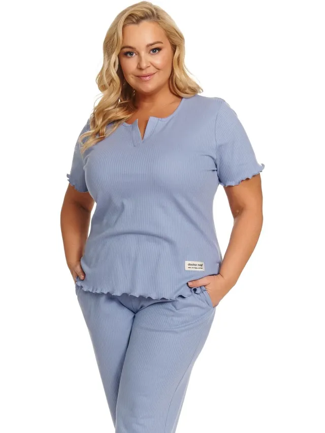 Doctor Nap Katoenen Dames Pyjama Plus Size Korte Mouw 3/4 Broek PB.7468 Sky Blue 42 / Blauw