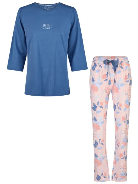 By Louise Dames pyjama set lang blauw/roze gebloemd Veelkleurig