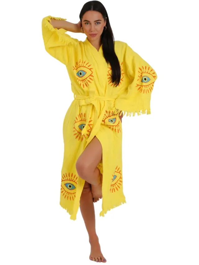 Badrock Kimono dames - 100% biologisch katoen - sauna badjas - zomer badjas - absorberend - handgemaakt - geel geel / blauw
