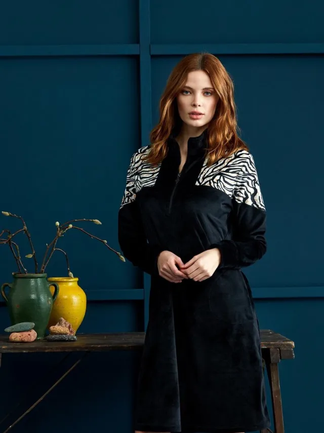 Penye Mood Fluwelen Jurk Voor Dames/Loungewear-S Zwart