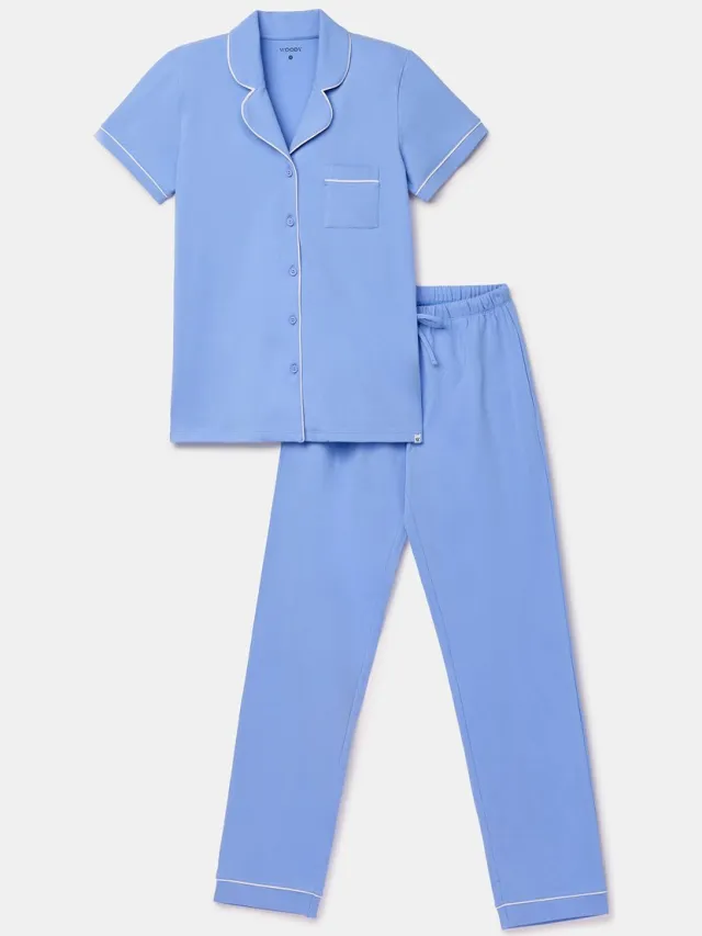Woody pyjama dames doorknoop - blauw - 261-10-PIS-Z/840