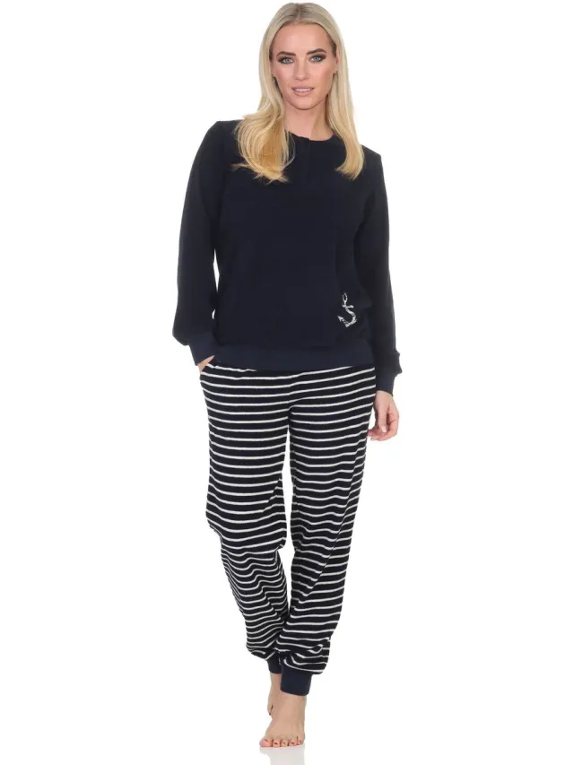 Normann badstof pyjama voor dames met maritieme look en ankermotief - ook in grote maten navy