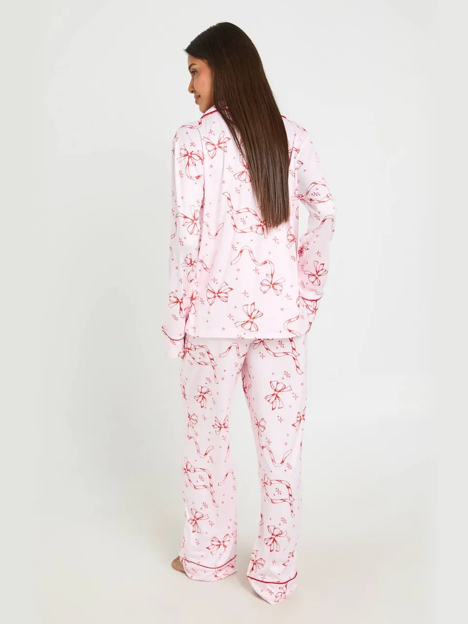 boohoo Dames Pyjamaset Met Strikjesprint En Biesdetail - Lange Mouwen & Broek baby roze, foto 2