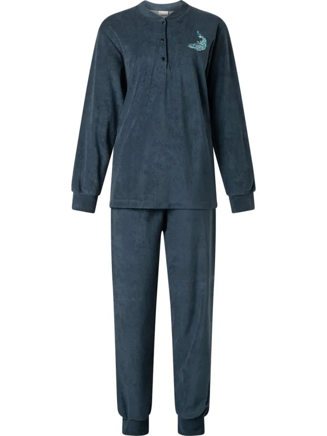 Lunatex warme dames pyjama badstof 124206 - donkerblauw navy