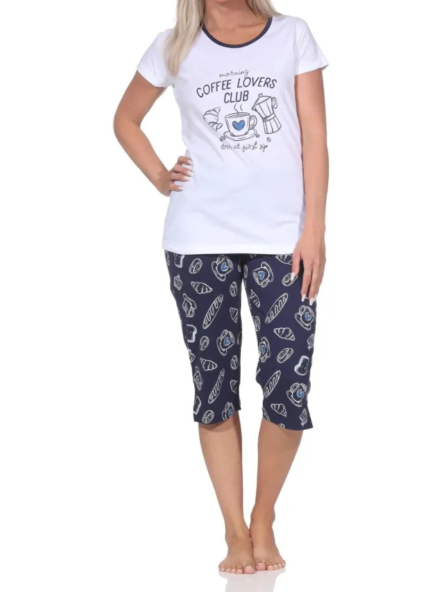 Normann dames capri shortama korte mouw Coffee Lovers Club ook in grote maten marine