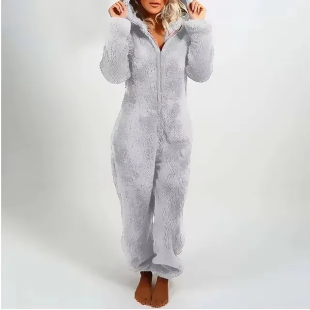 rimmo Warme fleece dames onesie met rits en capuchon – Zachte winter pyjama van pluche – Loungewear nachtkleding grijs
